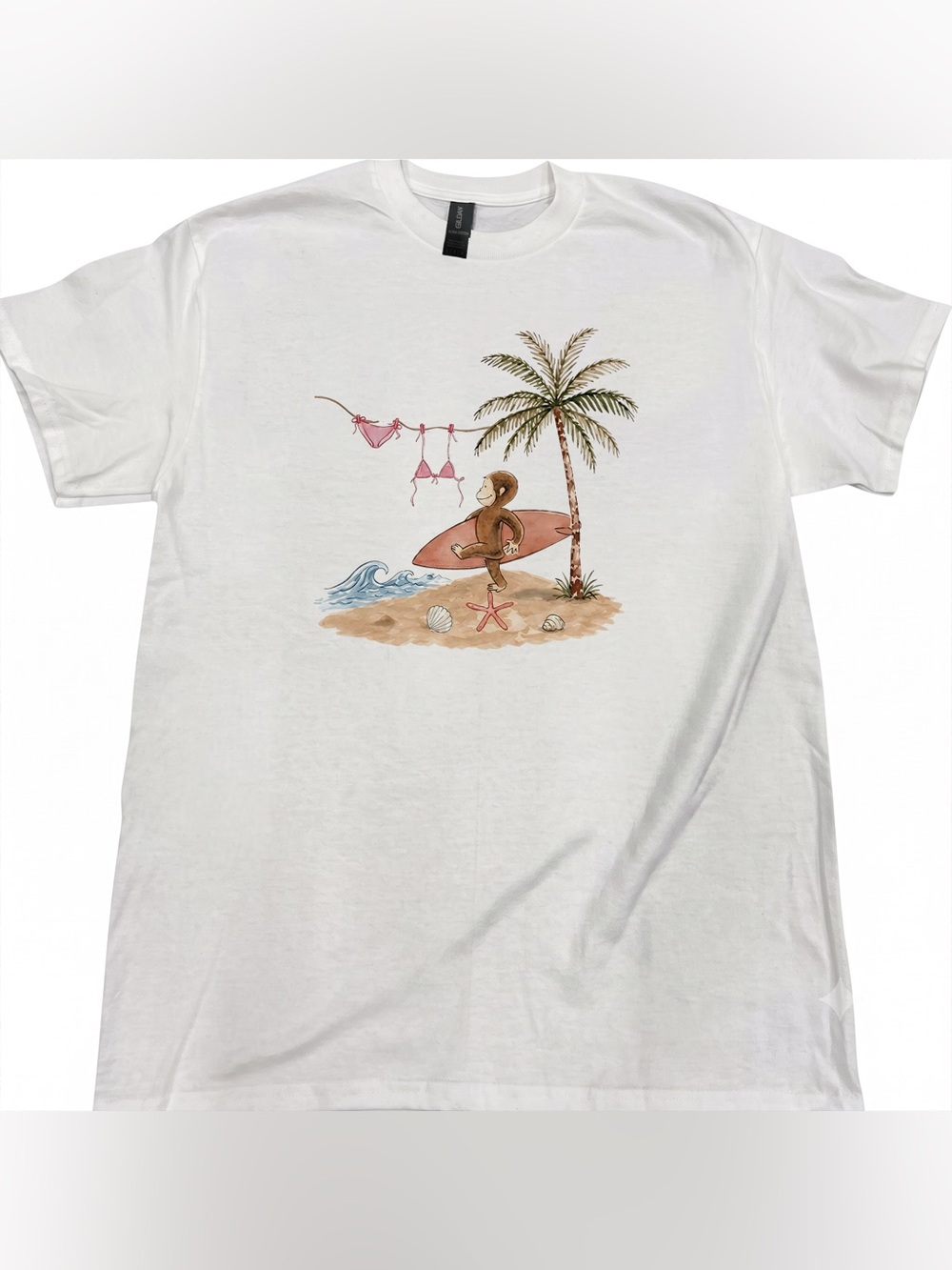 White Curious George Beach Surfing Custom Graphic T-Shirt Summer Vibe